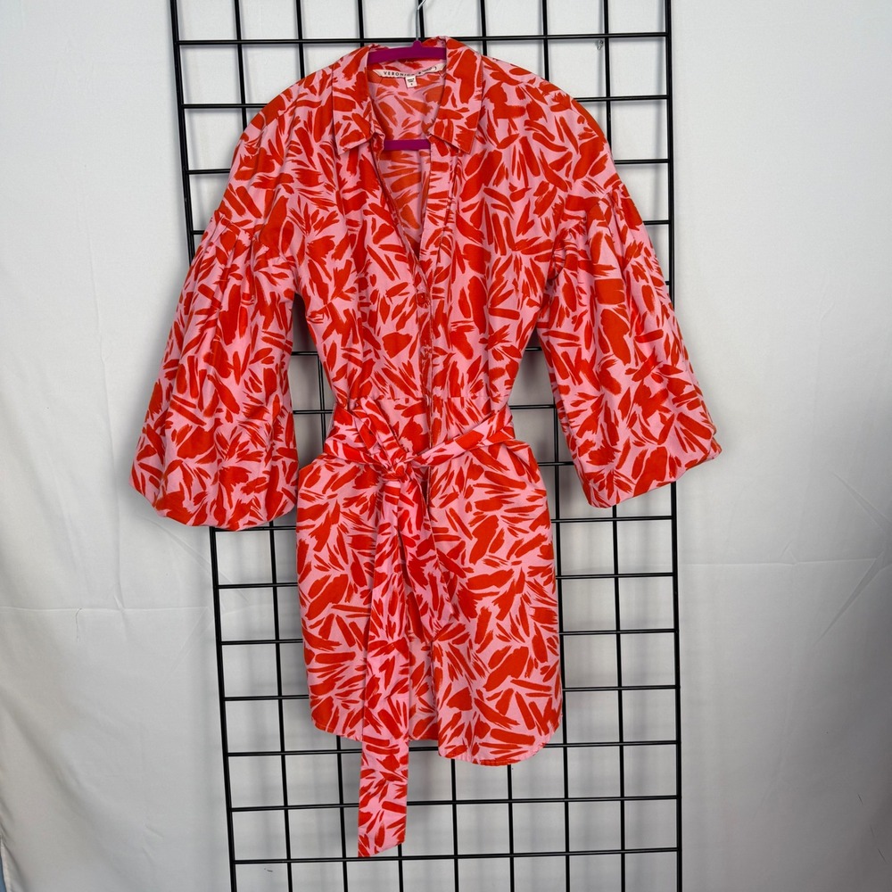 Veronica Beard Samy Shirtdress Women 6 Pink Red Abstract Puff Sleeve Mini Belted